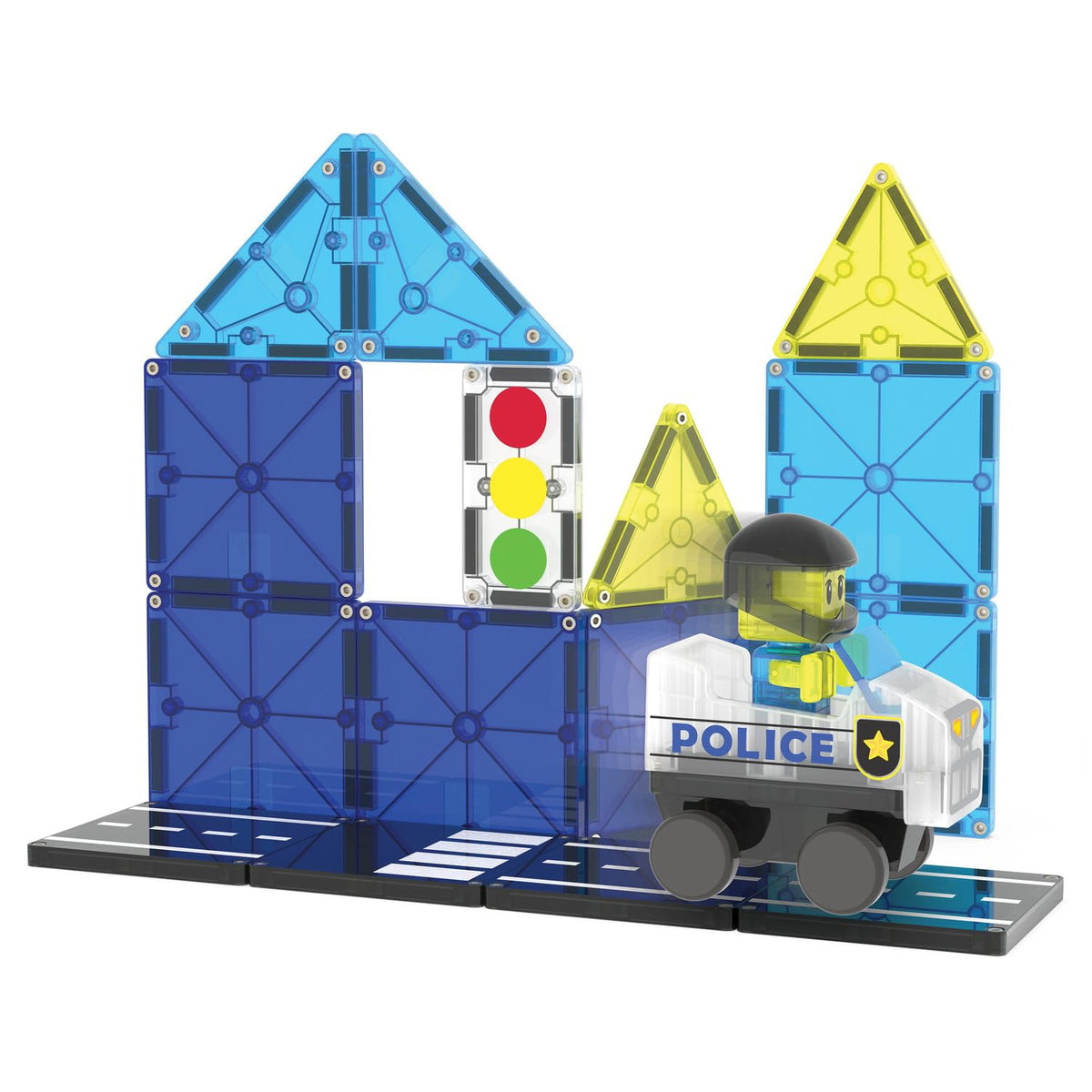 MAGNA-TILES Police Patrol train car invites multi-vehicle storytelling.