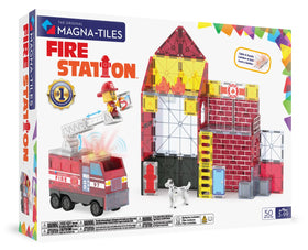 MAGNA-TILES Fire Station being assembled for imaginative rescue stories.