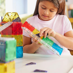 MAGNA-TILES Rail Racers bridges allow multi-level paths for creative engineering.