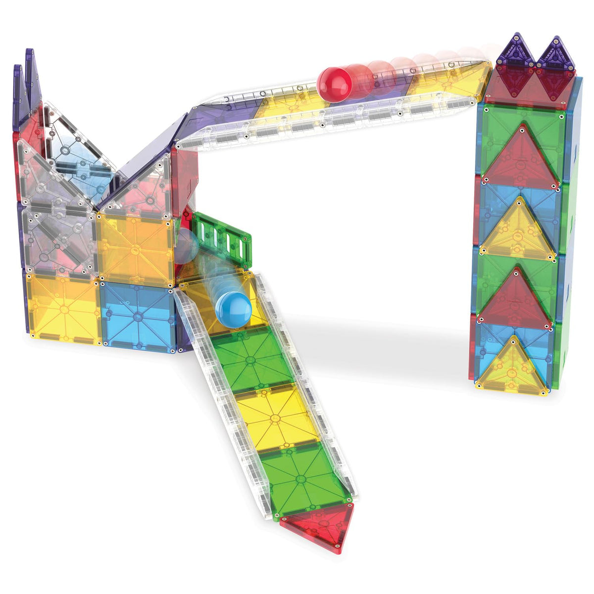 MAGNA-TILES Rail Racers gates and fences help secure structures during imaginative races.