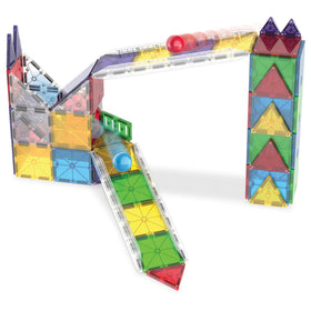 MAGNA-TILES Rail Racers gates and fences help secure structures during imaginative races.