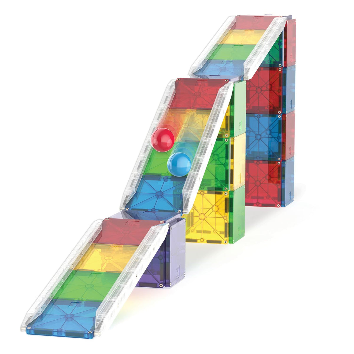 MAGNA-TILES Rail Racers towers add vertical interest and stability to builds.
