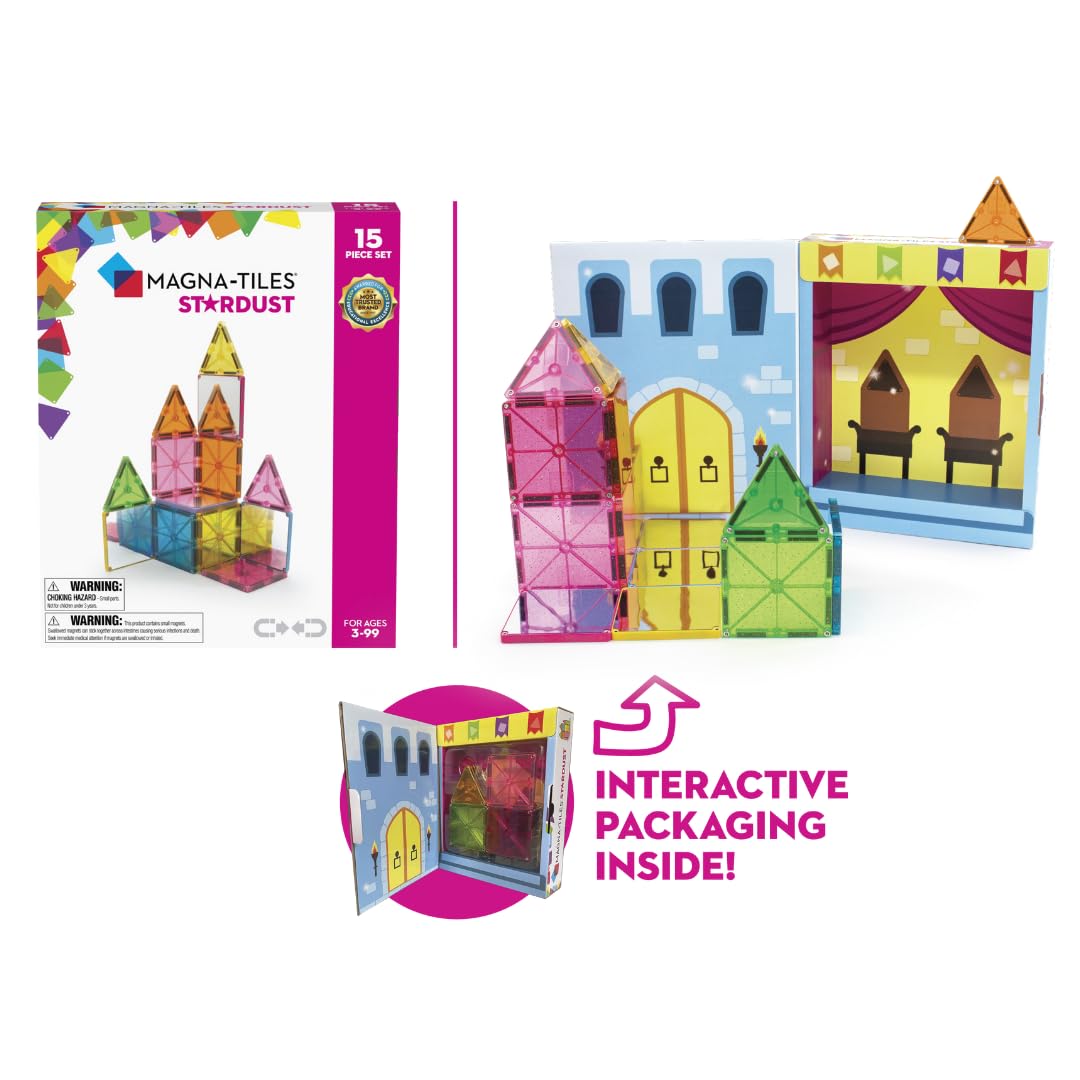 MAGNA-TILES Stardust packaging folds into a castle, expanding imaginative play.