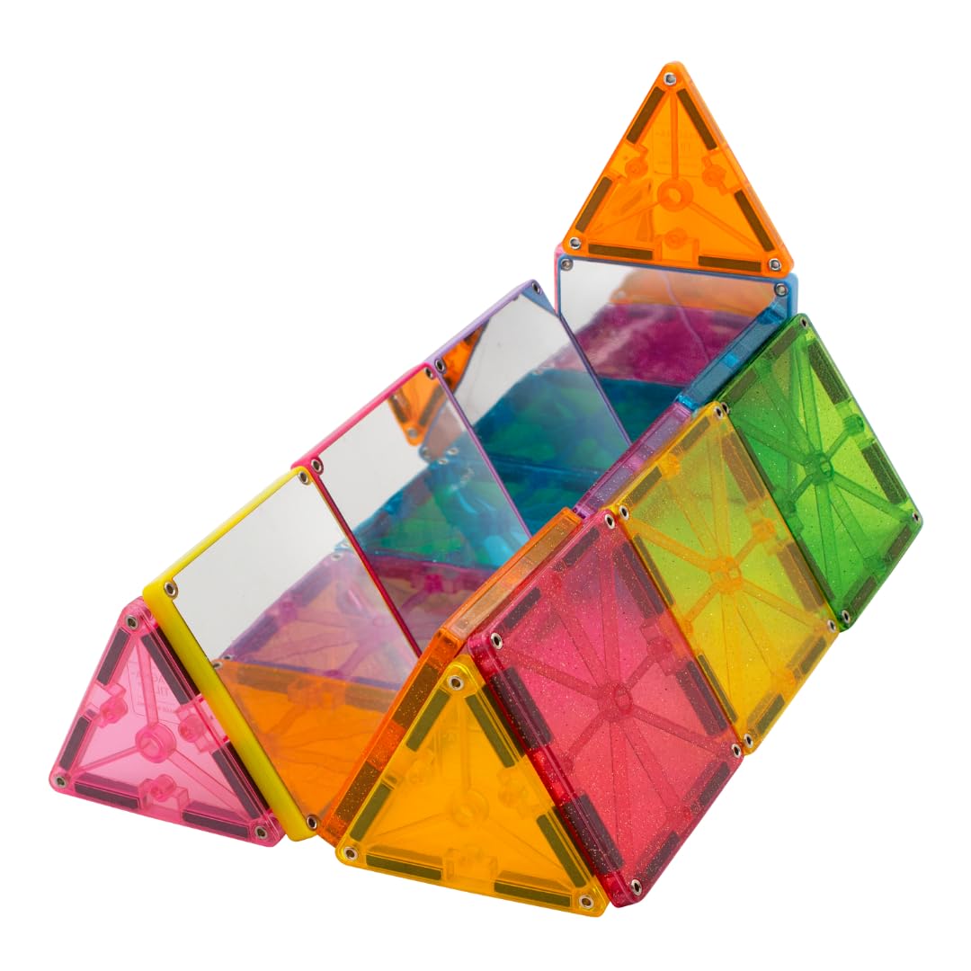 MAGNA-TILES Stardust tiles catch light, creating a shimmering display during play.