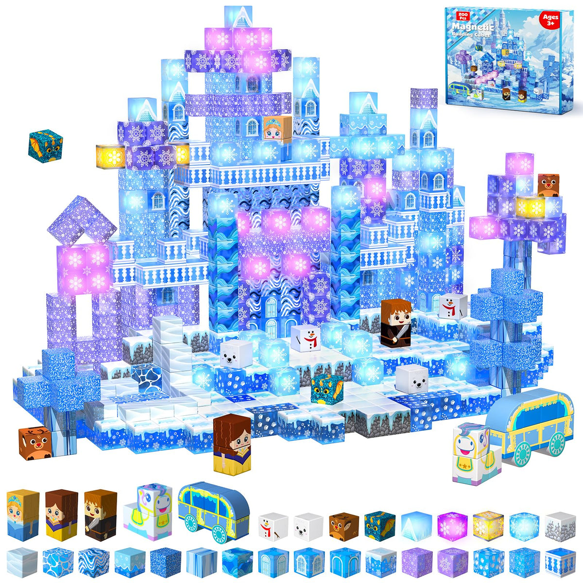 Magnetopia 200-pcs light-up blocks form a blue castle, inviting imaginative play.