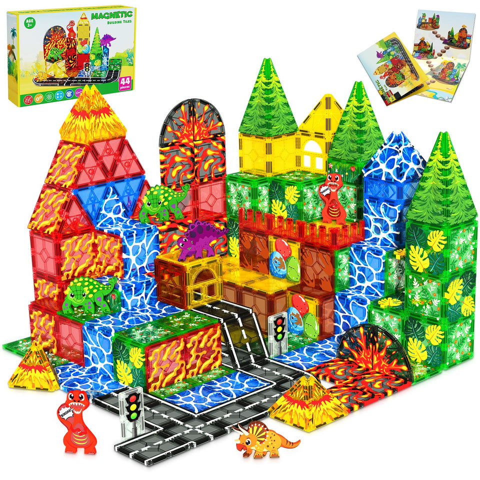 Magnetopia Dinosaur Tiles volcano eruption scene encourages imaginative play and storytelling.