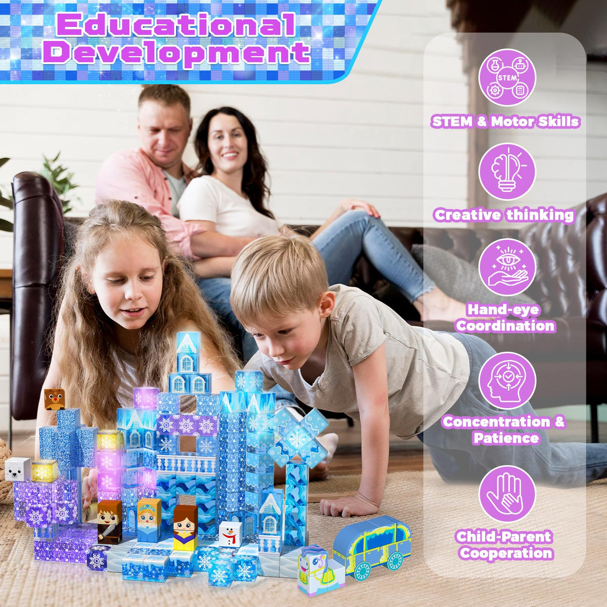 Magnetopia blue-castle images inspire kids to explore storytelling and architectural ideas.
