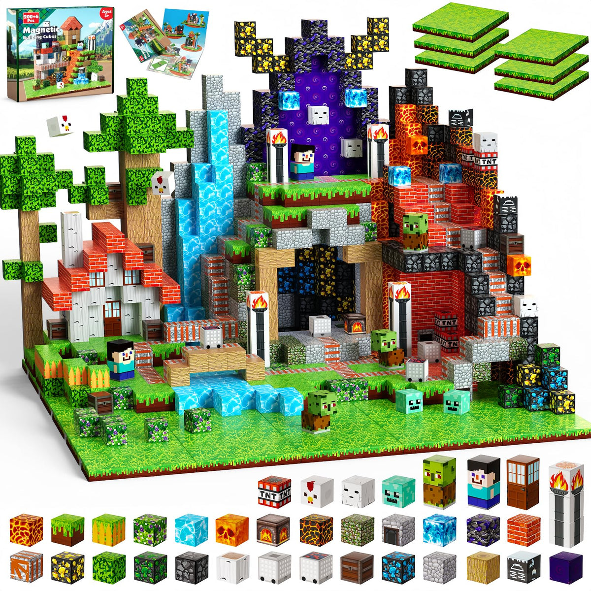 Magnetopia magnetic blocks 200pc with forest theme base plates for imaginative play and learning