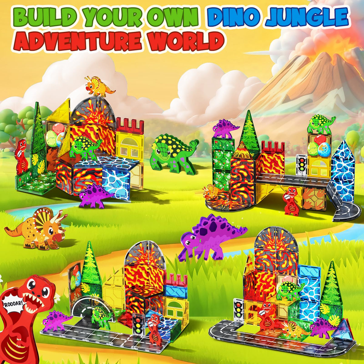 Magneverse Dino Tiles forest habitat scene encourages creative building and exploration.