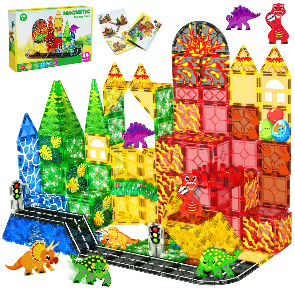 Magneverse Dino Tiles volcano lava flow scene for imaginative engineering play.