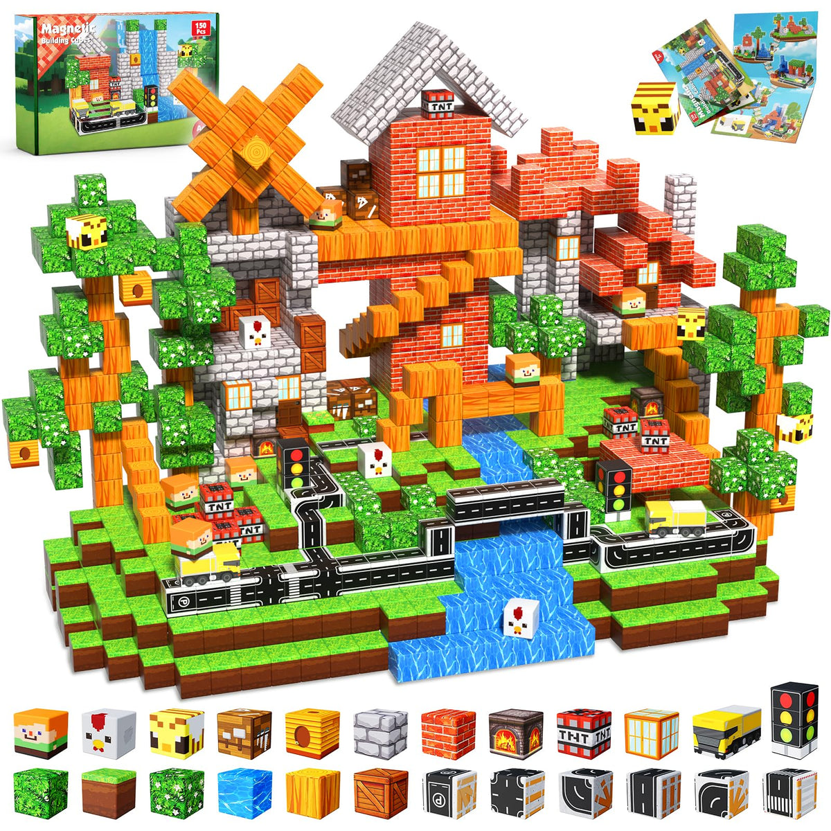 Magneverse 150 PCS magnetic blocks kit: kids stacking and building with vibrant pieces.