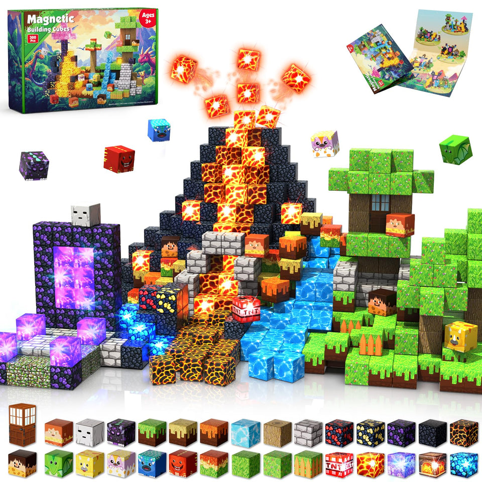 Magneverse 300-piece magnetic blocks with light blocks for creative play and STEM learning.