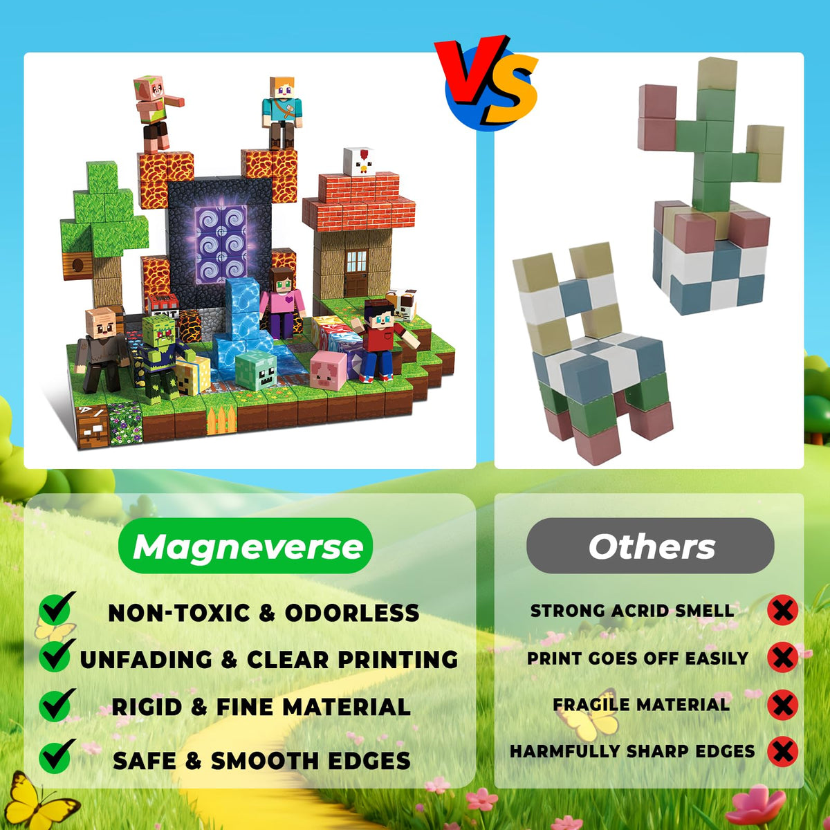 Magneverse blocks spark imagination for houses, trees, and towers.