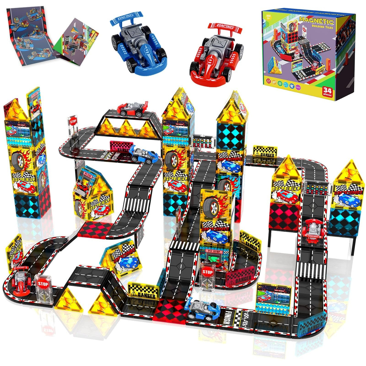 Magneverse magnetic road set shows track layout for imaginative racing