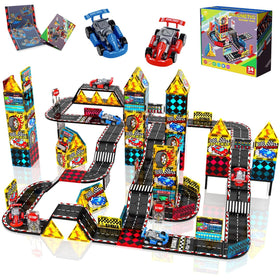 Magneverse magnetic road set shows track layout for imaginative racing
