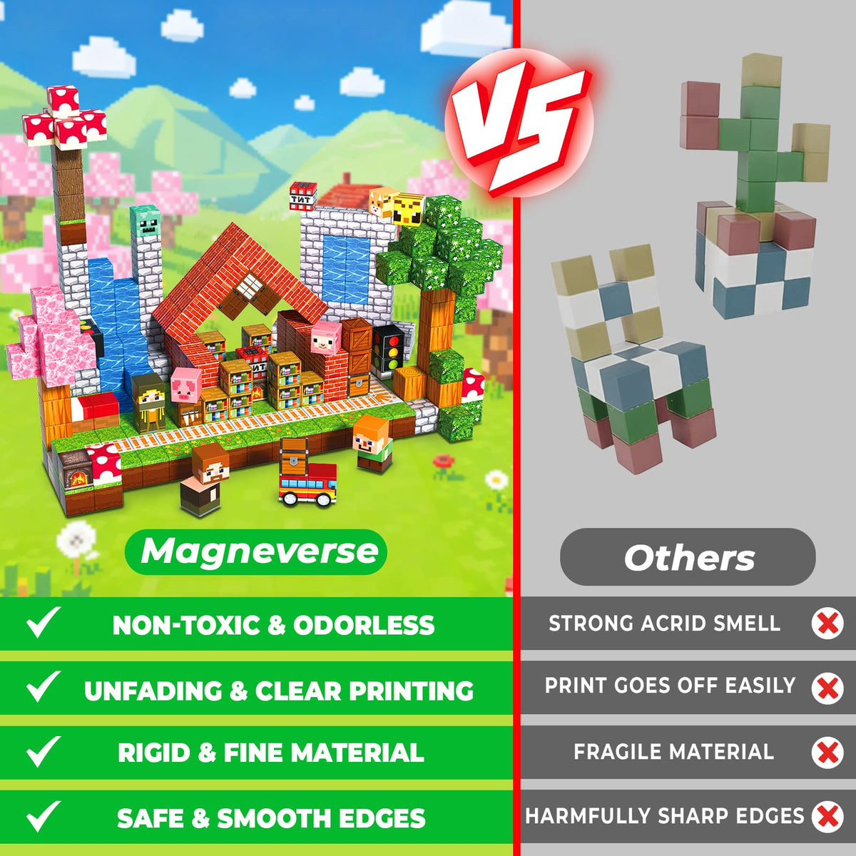 Magneverse blocks stacked into architecture show construction imagination.