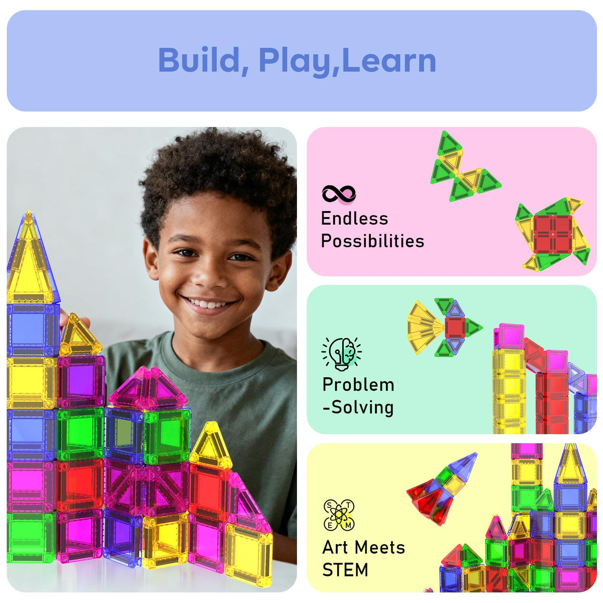 Magneverse mini tiles are compatible with standard magnetic tile sets for expanded play