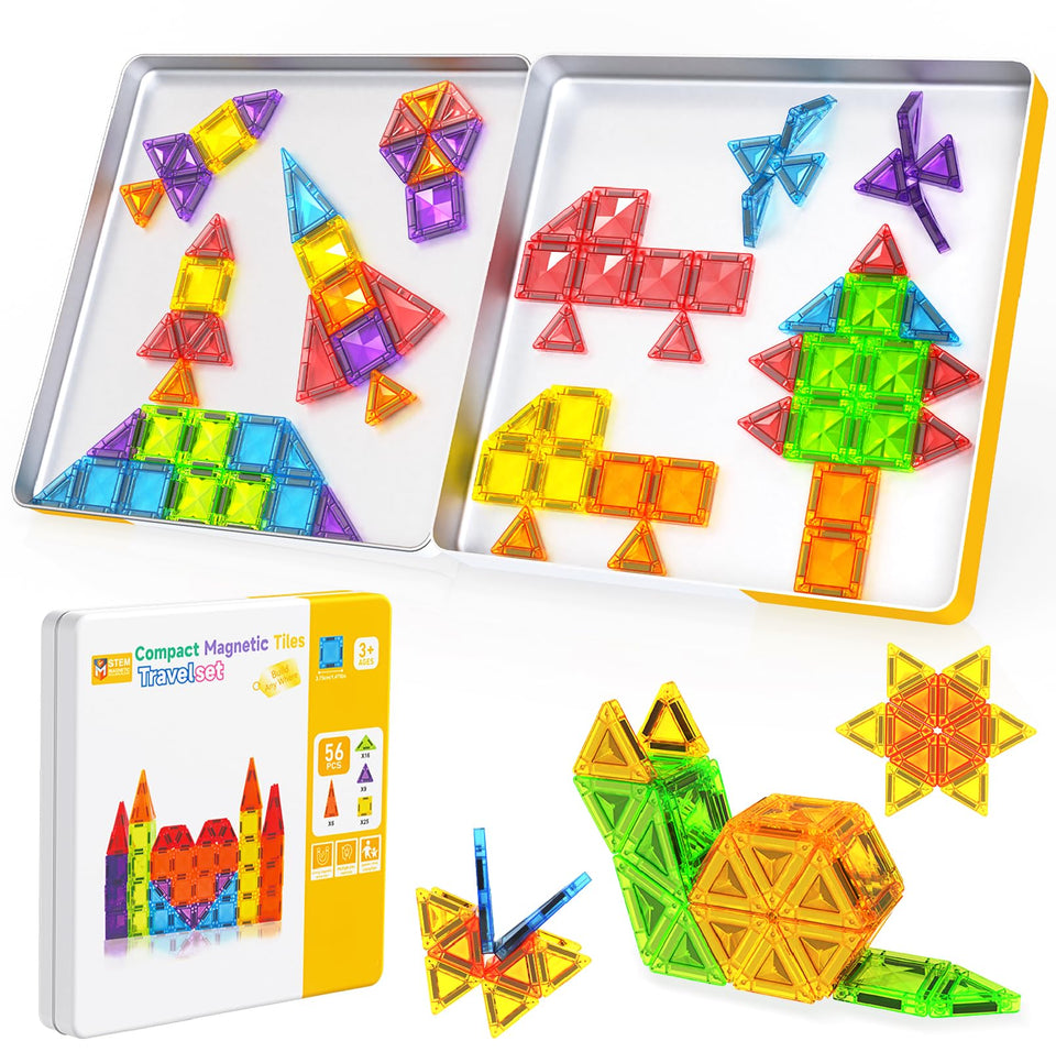 Magneverse Mini Magnetic Tiles in a travel tin box for on-the-go creativity.
