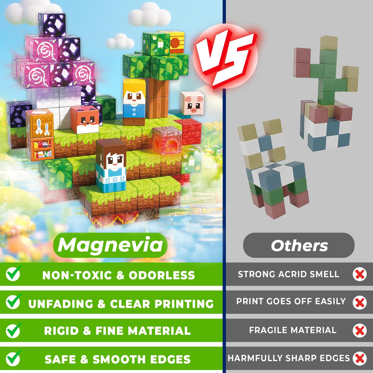 Magnevia blocks connected by strong magnets for stable builds