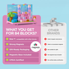 Child enjoys Magnezo cubes in a colorful pretend castle scene