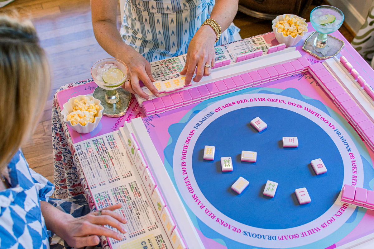 Magnolia Mahjong 33x33 mat on table provides ample space for setup on folding tables.