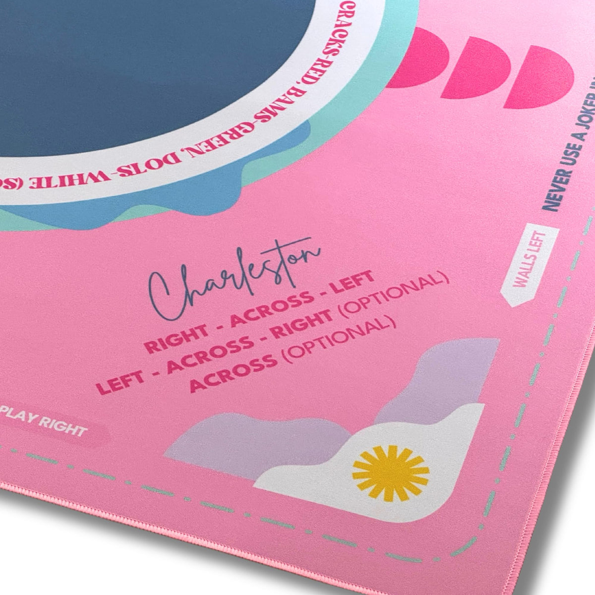 Magnolia Mahjong neoprene mat pink roll-up promotes portable, crease-free setup for on-the-go games.