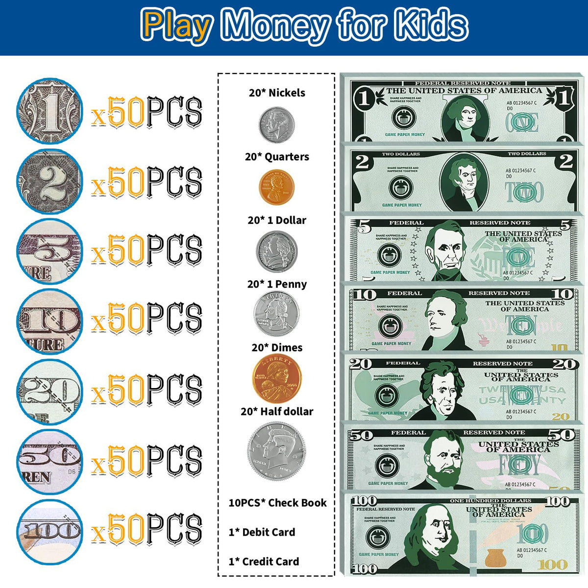 Magology double-sided money bills with clear printing for pretend play.
