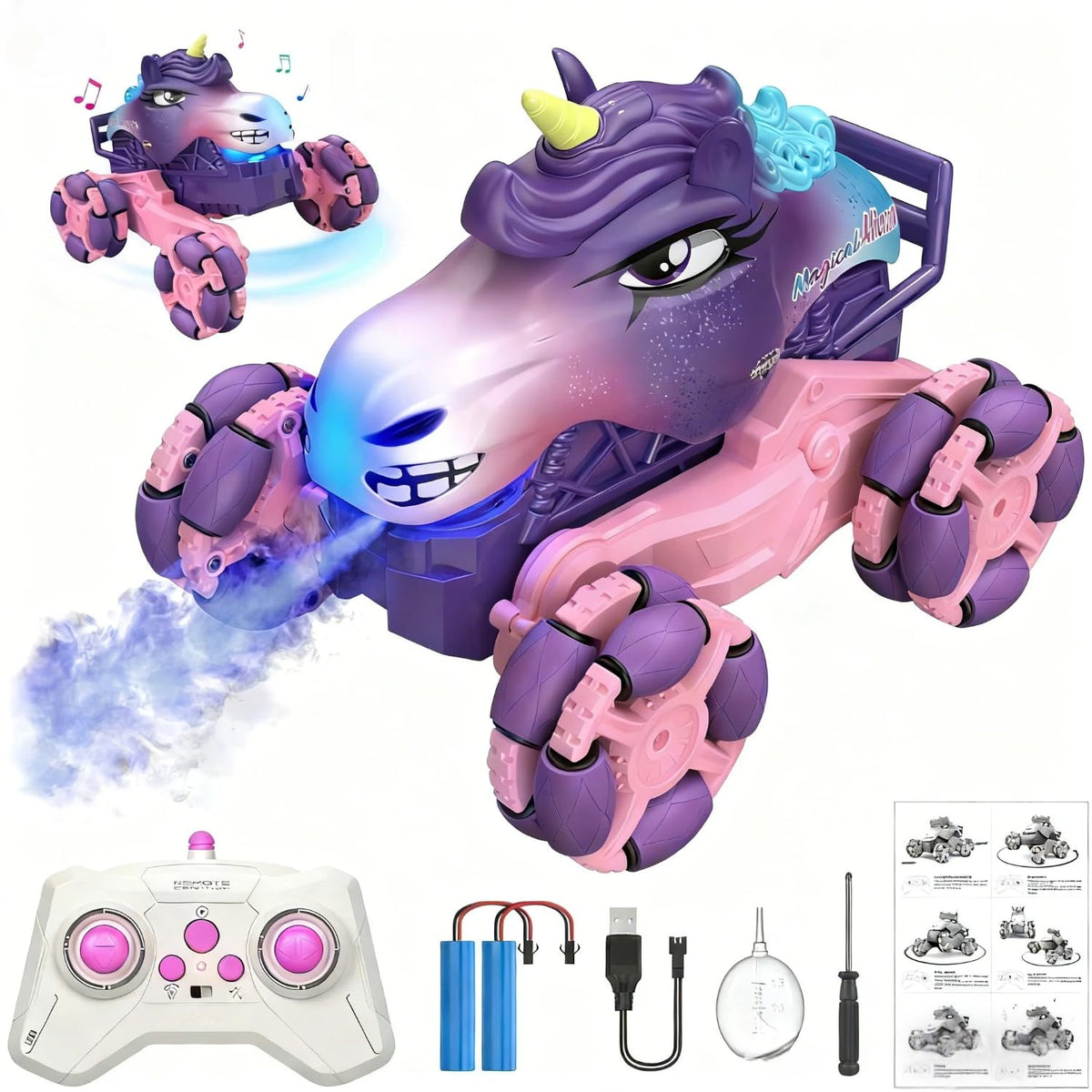 MAGTHIC pink unicorn monster truck glows with LEDs for easy indoor-outdoor play