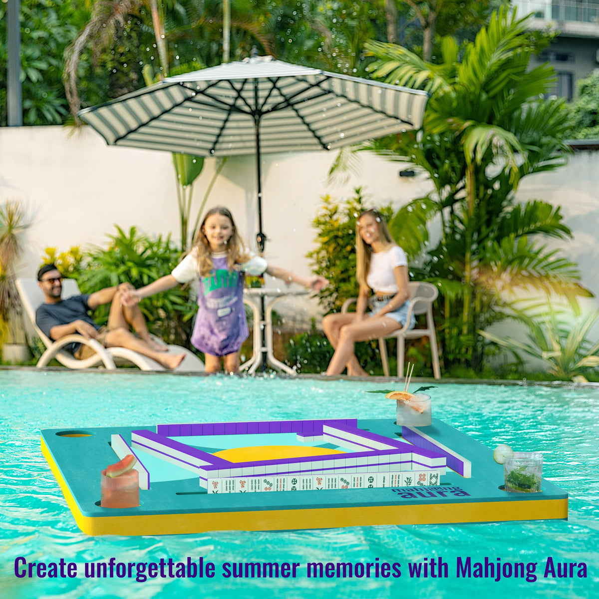 Mahjong Aura 32-inch floating table setup for poolside fun
