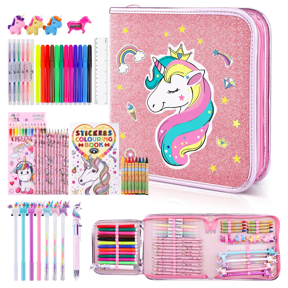 Maigozon 53pcs markers set with unicorn case for kids' creative projects.