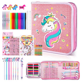 Maigozon 53pcs markers set with unicorn case for kids' creative projects.