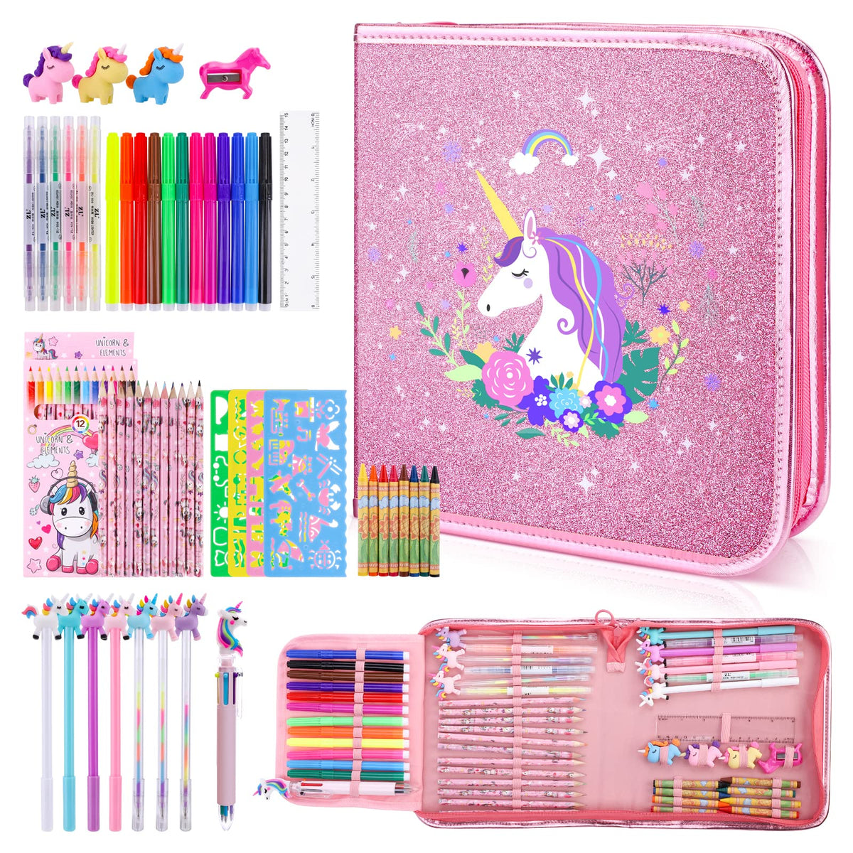 MAIGOZON fruit scented markers set shown with unicorn pencil case for creative play