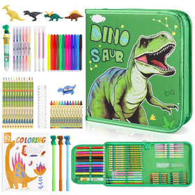 Maigozon fruit-scented markers and dinosaur pencil case for kids' creative projects.