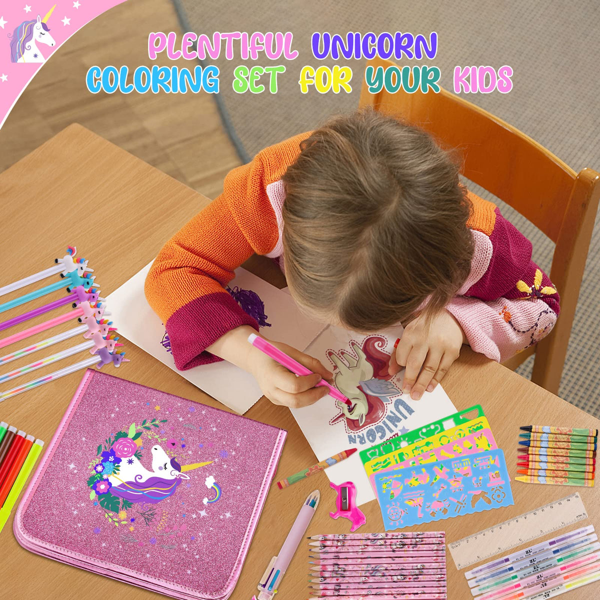 Unicorn-styled stencil set and accessories included in the kit