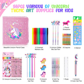 Unicorn glitter pencil case open displaying colorful art supplies