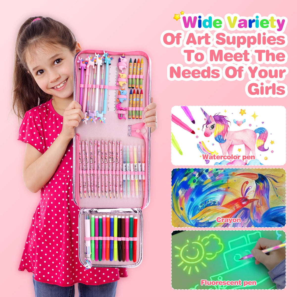 Maigozon unicorn pencil case open, keeping art supplies organized on the go.
