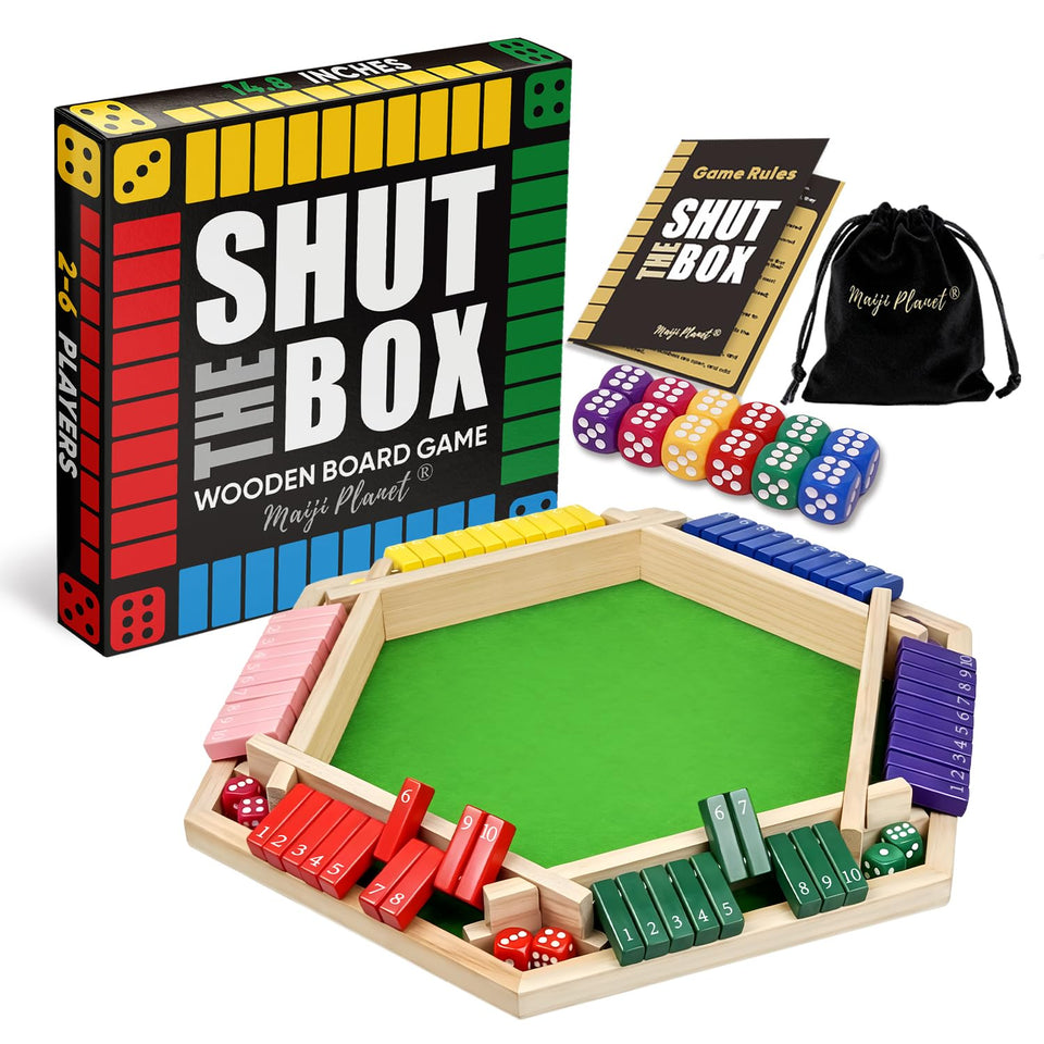 Maiji Planet Shut The Box game cover shows sturdy wood craftsmanship for family fun.