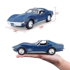 Maisto Corvette blue engine compartment highlights underhood detail for engaged viewing.