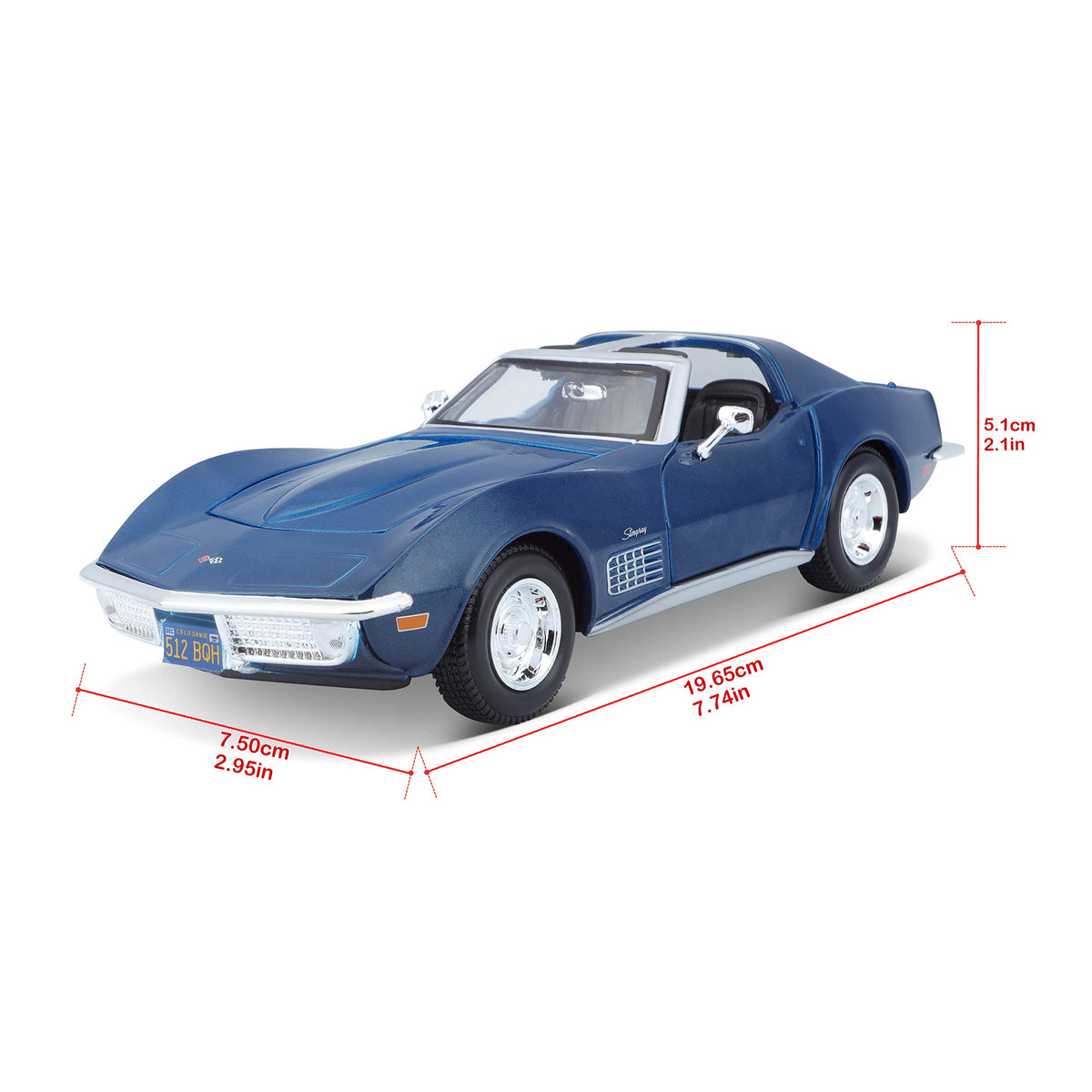Maisto Corvette blue interior detail showcases authentic cabin for realistic shelf viewing.