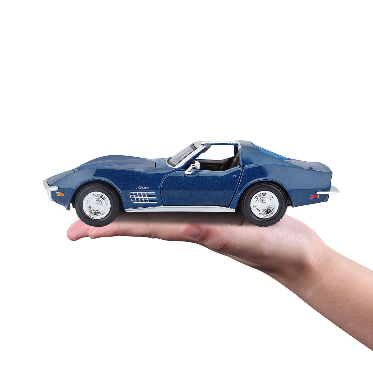 Maisto Corvette blue opening doors reveal functional access for interactive display.