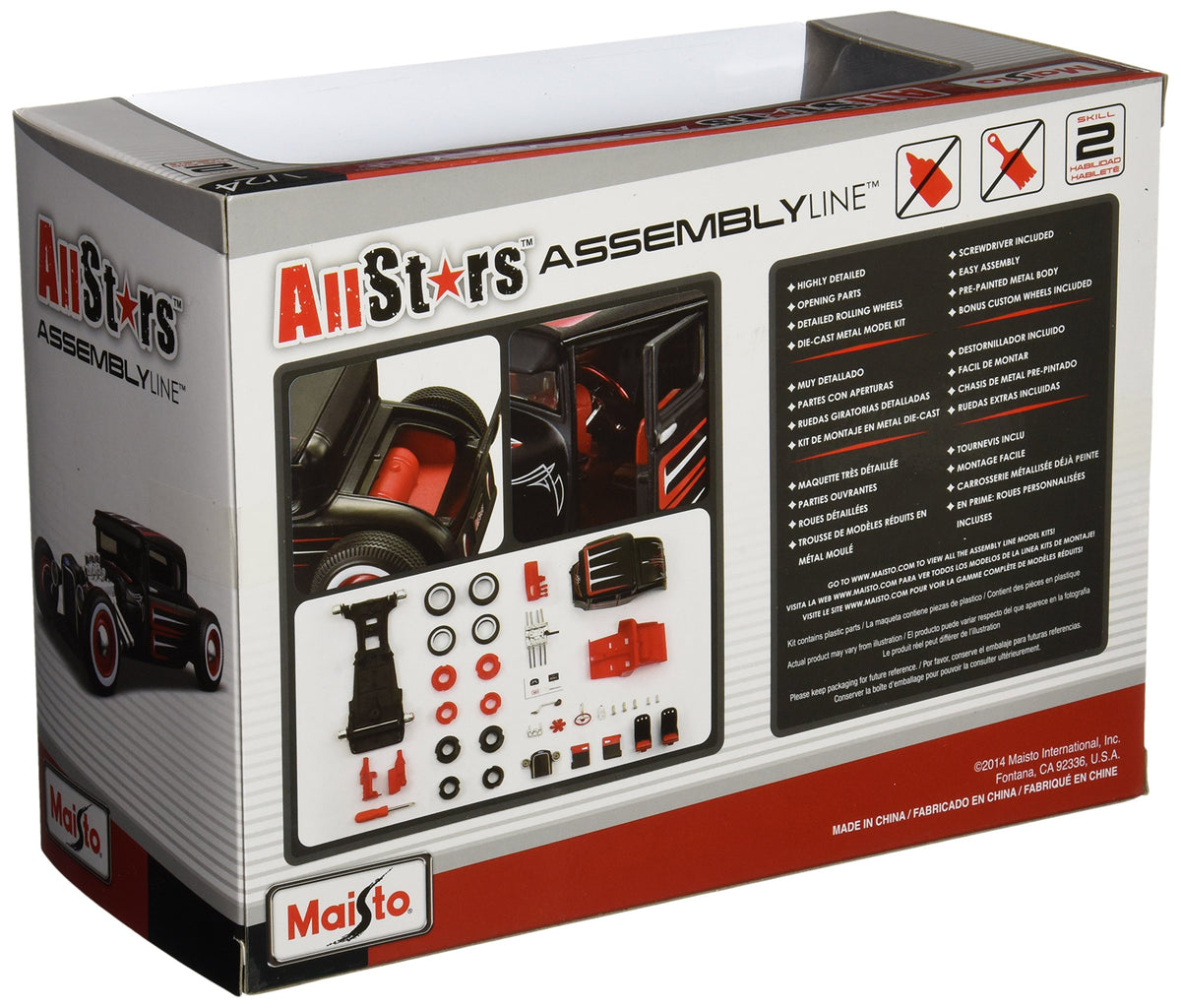 Maisto 1:24 scale assembly line image showing openable parts and rolling wheels.