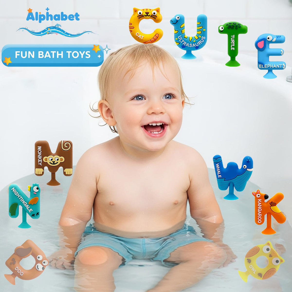 MaiTrekz ABC silicone toys promoting color recognition and alphabet familiarity during tub time.