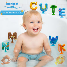 MaiTrekz ABC silicone toys promoting color recognition and alphabet familiarity during tub time.