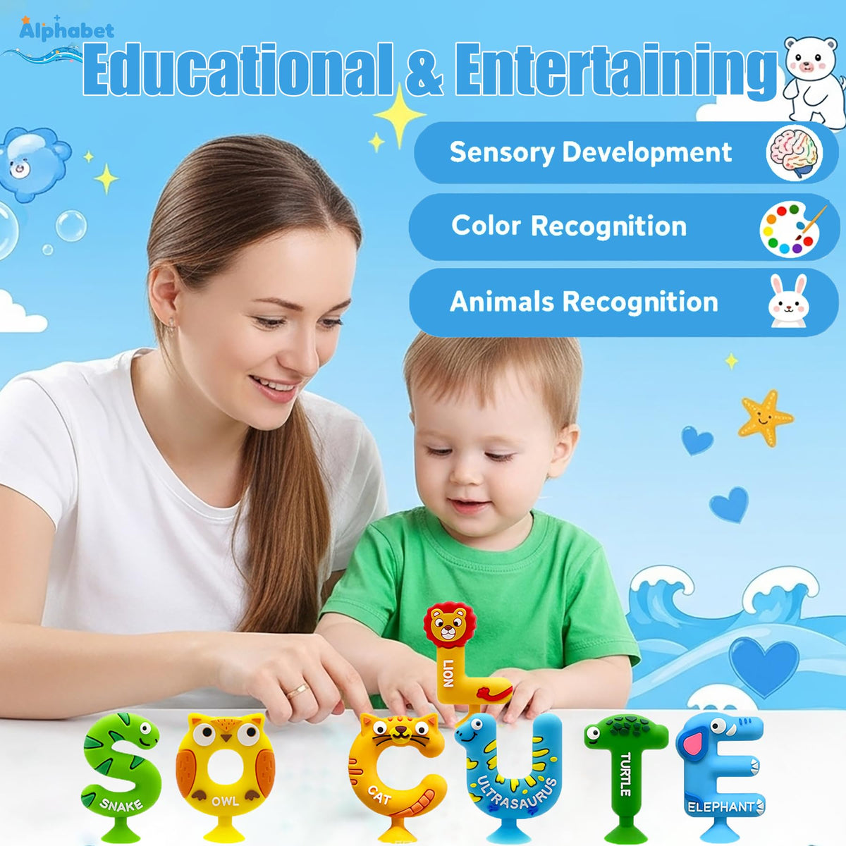 MaiTrekz letters and animals 3D puzzle pieces adhering to surfaces for hands-on STEM play.