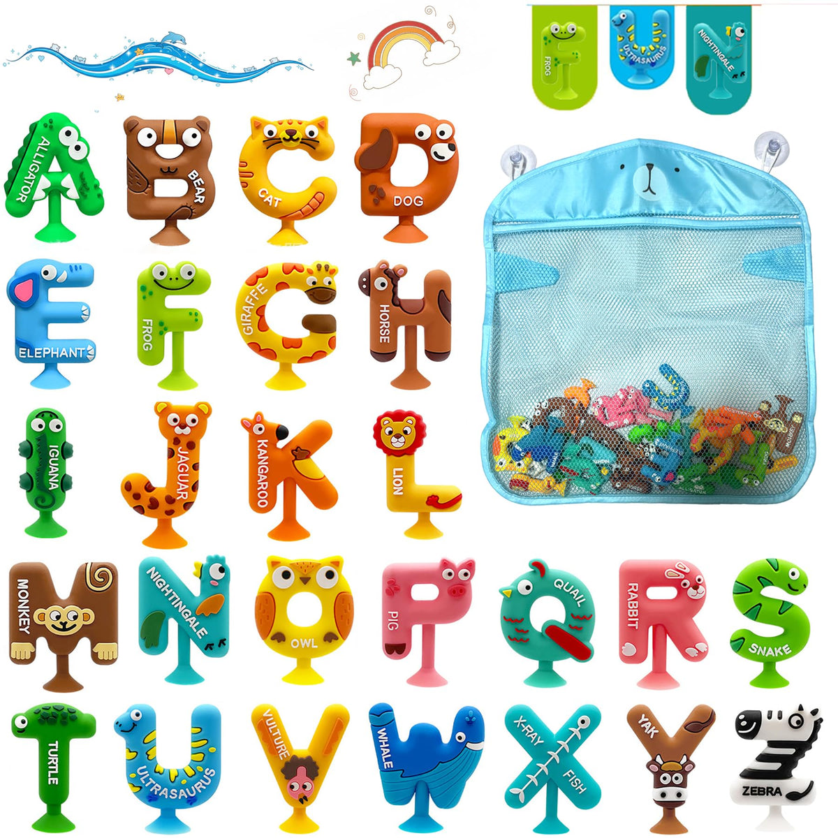MaiTrekz mold-free suction bath toys set with 26 pieces for engaging bath time learning.