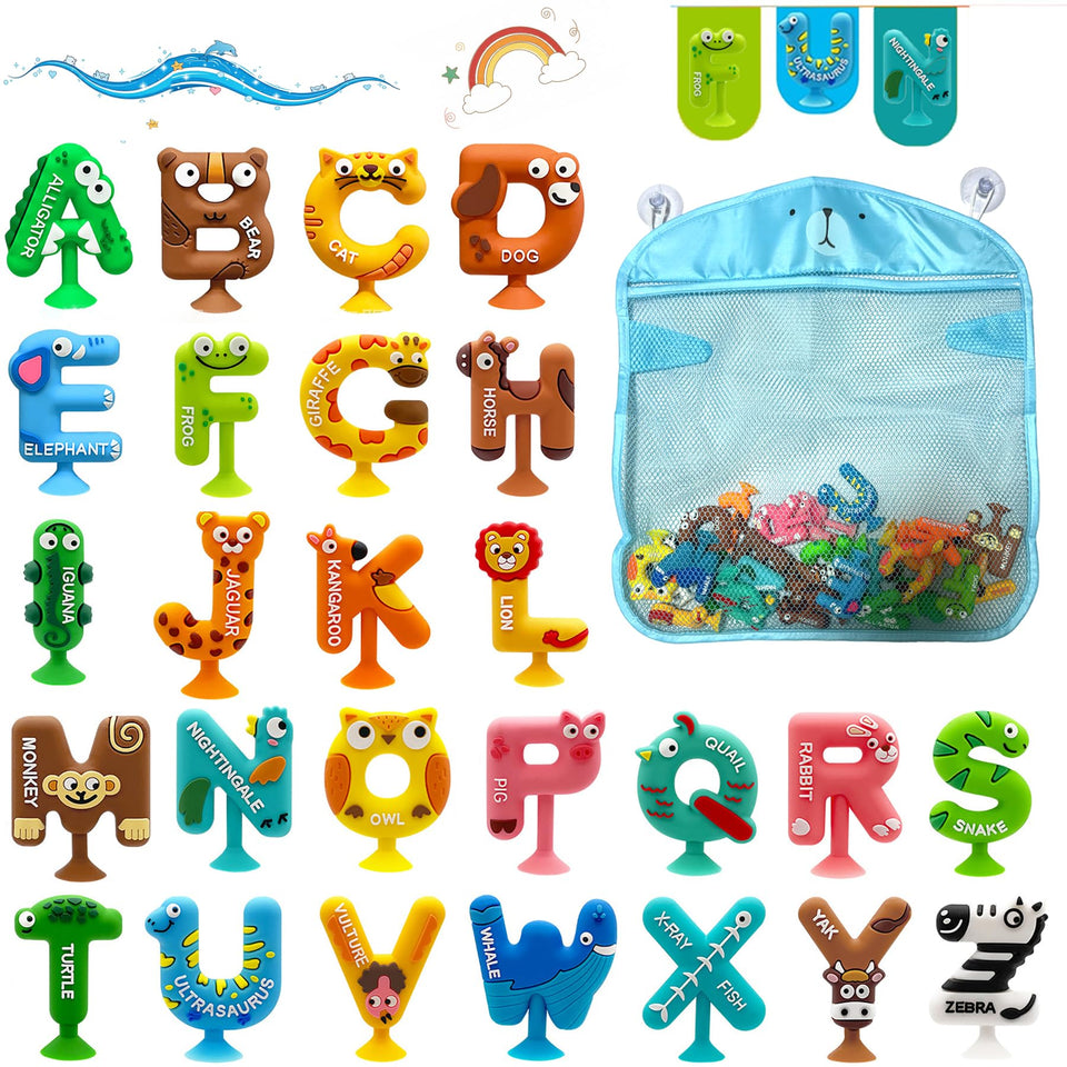 MaiTrekz mold-free suction bath toys set with 26 pieces for engaging bath time learning.
