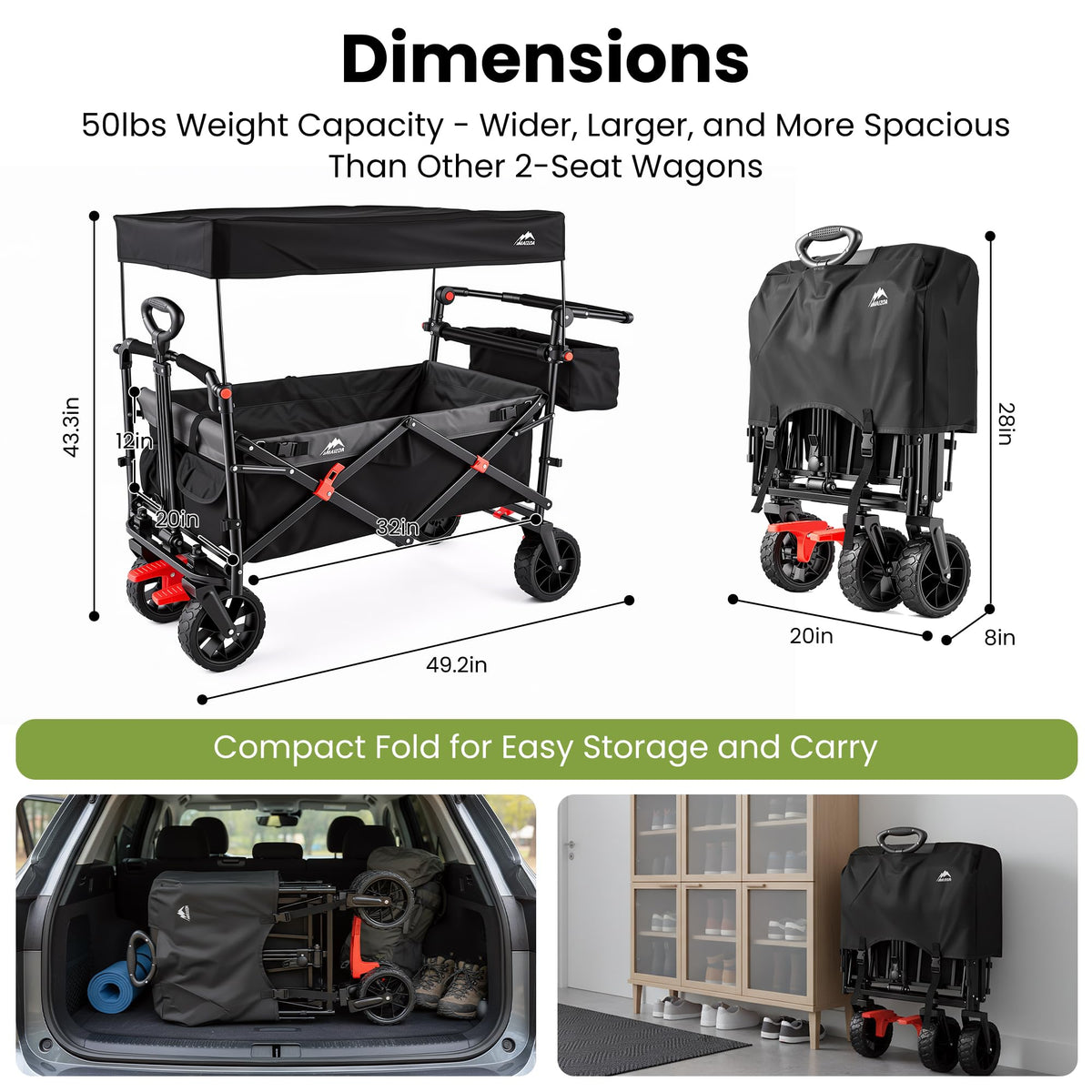MAIZOA Foldable Wagon offers two-child capacity for family trips.