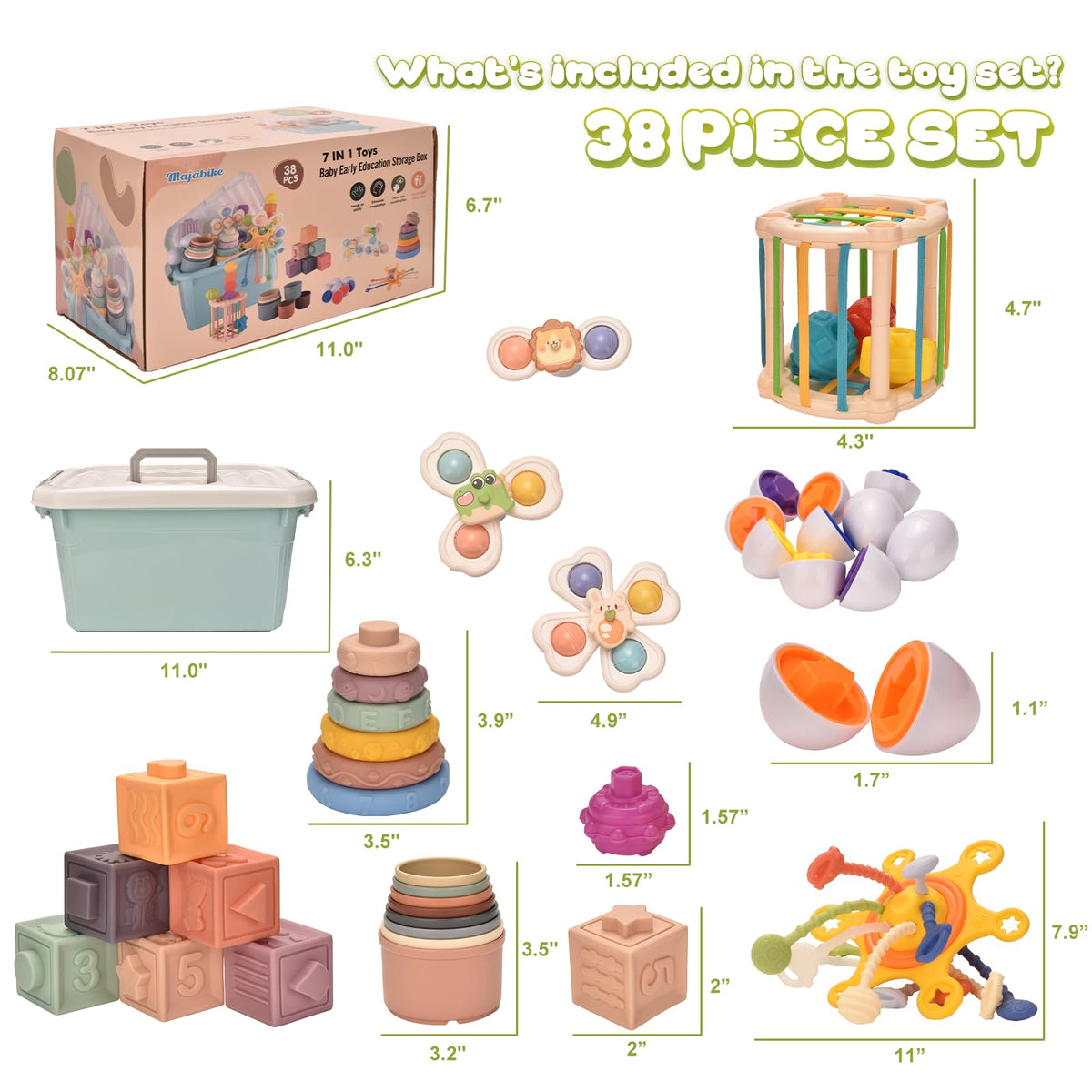 Majabike soft stacking rings promote grasping and color recognition during play.
