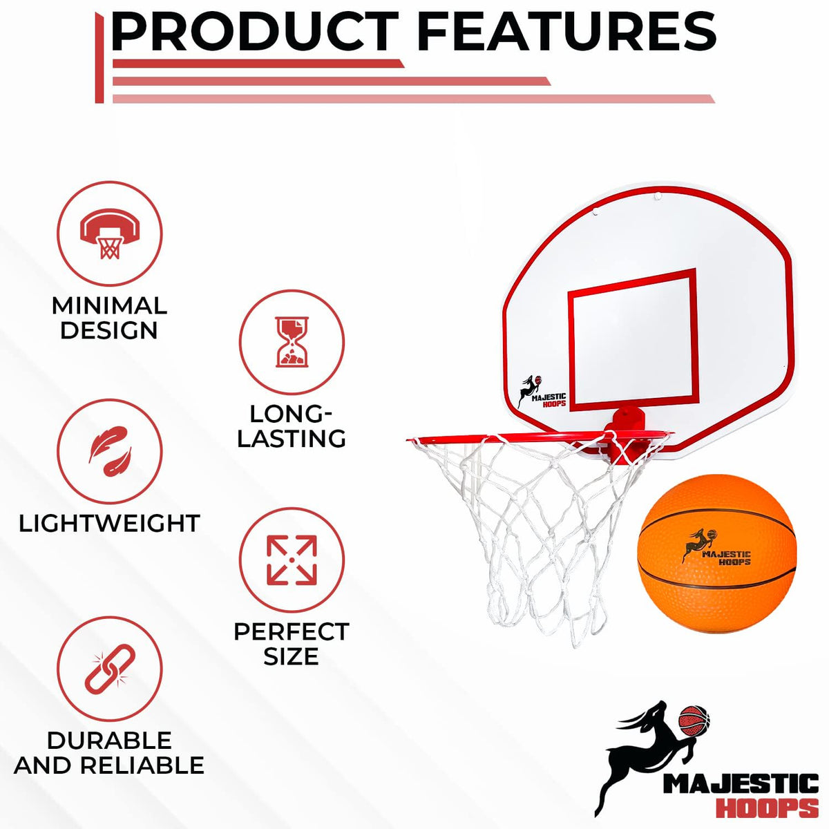 Majestic Hoops ball and pump in package for convenient setup.