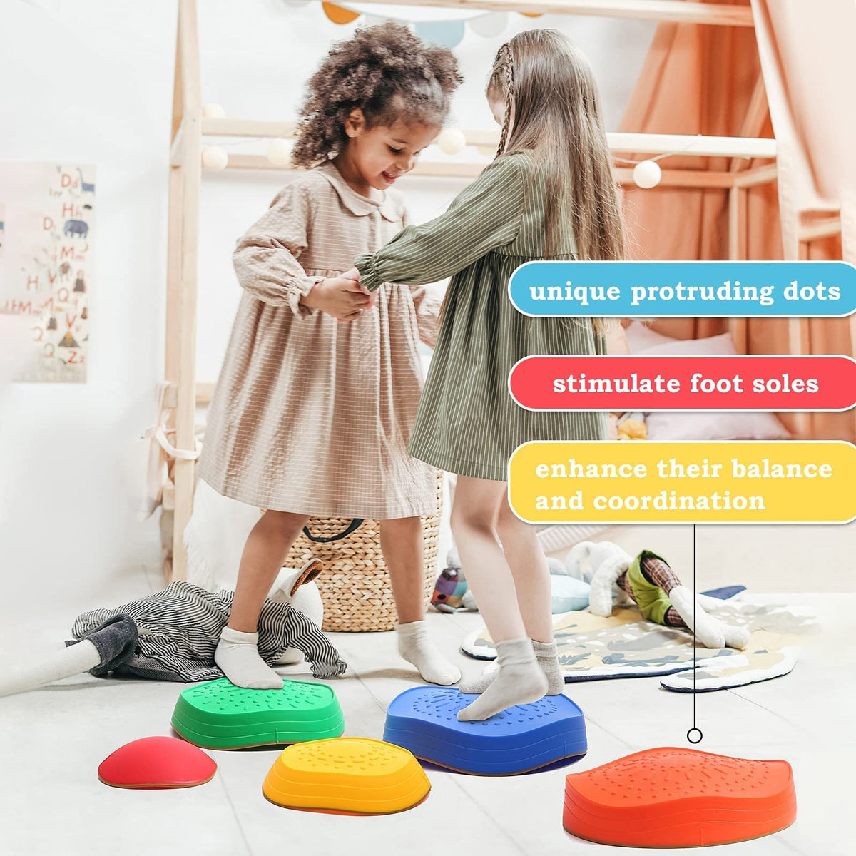 Makarci balance stones in bright colors aid early color recognition.